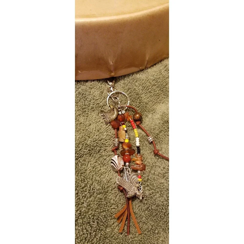Red Hawk Key Ring Medicine Wheel Totem - Key Ring/Fob for Purse, Drum Bookmark